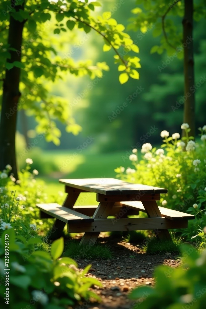 Wooden picnic table amongst lush greenery, sunny day , nature, light, park Wooden picnic table amongst lush greenery, sunny day , nature, light, park