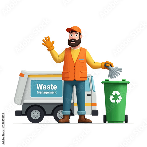 Vector illustration of a 3D-style sanitation worker standing next to a recycling bin and waste management truck. Ideal for eco-friendly, sustainability, and urban cleaning themes.