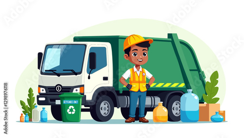 Vector illustration of a sanitation worker standing next to a garbage truck with recycling bins and waste materials. Ideal for waste management, sustainability, and public service visuals.
