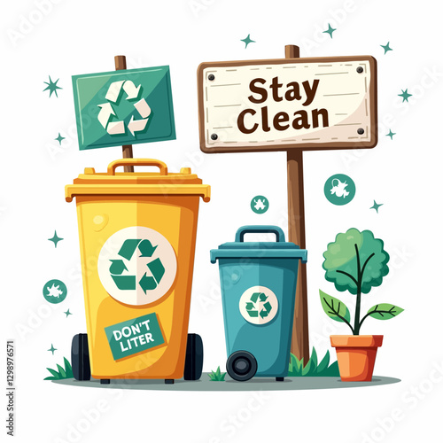 Vector illustration of waste bins, recycling signs, and a "Stay Clean" message promoting sustainability and proper waste disposal. Perfect for eco-friendly campaigns.