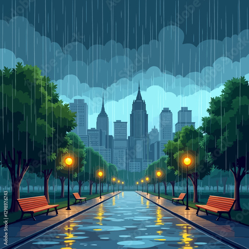 Vector illustration of a rainy urban street with illuminated streetlights and wet reflections. A dramatic and moody cityscape, ideal for atmospheric and weather-related projects.