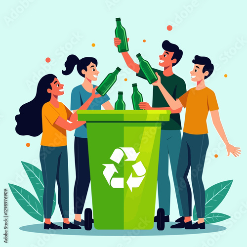 Vector illustration of a group of enthusiastic people celebrating recycling efforts, symbolizing sustainability and environmental awareness. Ideal for waste management and eco-friendly initiatives.