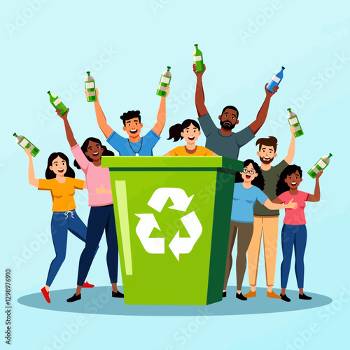 Vector illustration of a group of enthusiastic people celebrating recycling efforts, symbolizing sustainability and environmental awareness. Ideal for waste management and eco-friendly initiatives.