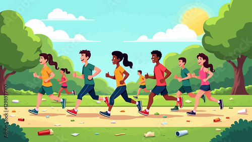 Vector illustration of young people running on a track littered with garbage, promoting environmental awareness and sustainability through sports. Great for educational and fitness-related designs.
