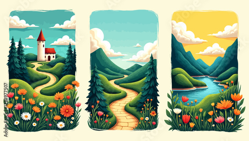 A picturesque vector illustration set of lush green landscapes, featuring a winding path, blooming flowers, and a peaceful countryside setting. Great for travel, nature, and scenic designs.