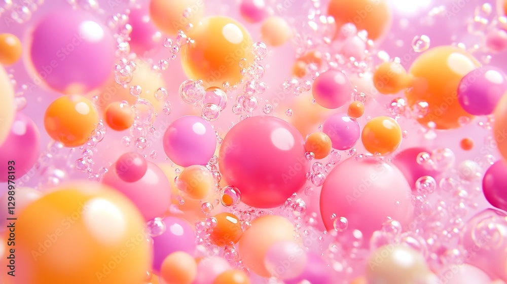 Colorful Floating Spheres with Bubbles in a Dreamy Pink and Orange Abstract Background Colorful Floating Spheres with Bubbles in a Dreamy Pink and Orange Abstract Background