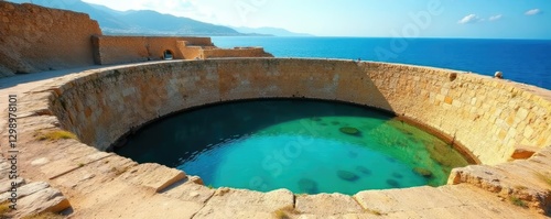 Ancient rotunda in Avola, Sicily with Mediterranean sea, vetro, rotonda