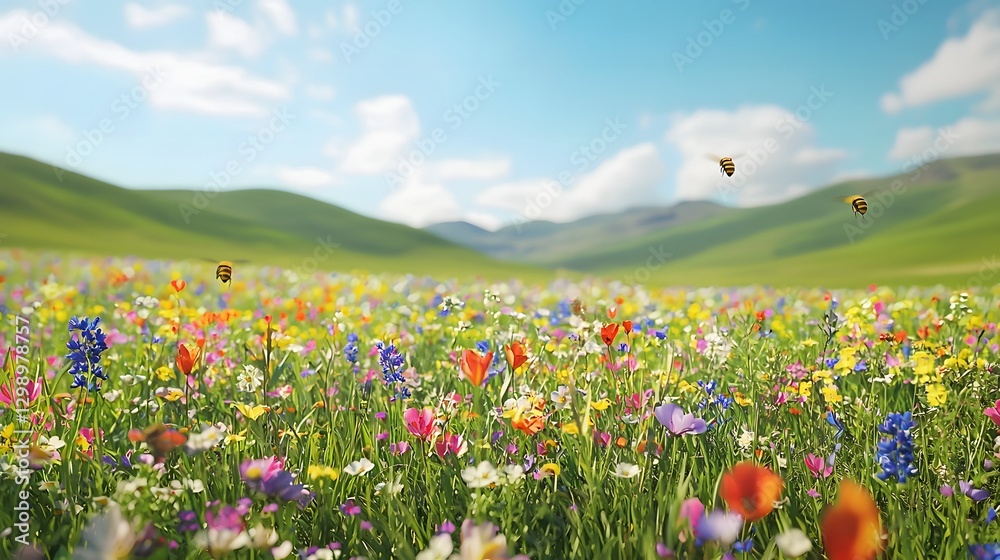 Obraz premium A cozy wooden cabin on a green meadow with wildflowers. 