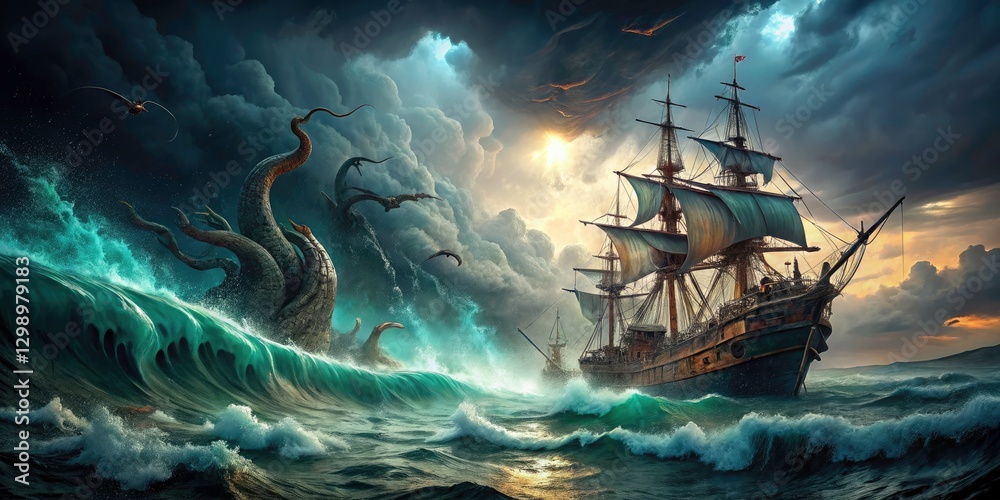 Fototapeta premium Stormy Seascape: Epic Ship vs. Sea Monsters - Urban Exploration Photography