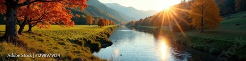 Sunlit hillside, vibrant foliage, river below , riverbank, Adirondacks