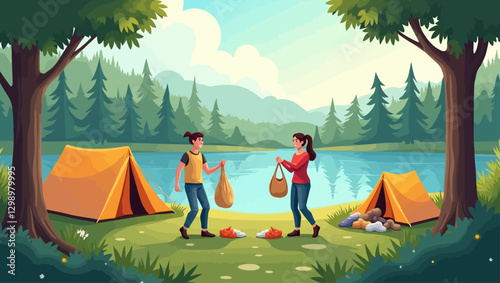 A couple cleaning up trash in a scenic lakeside camping area, promoting responsible tourism and environmental awareness.