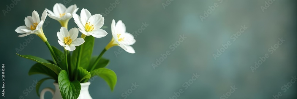 White flower stems with green leaves in a vase, plant life, botanical White flower stems with green leaves in a vase, plant life, botanical