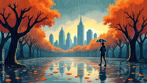A rainy autumn cityscape with a person holding an umbrella, surrounded by orange trees and reflections on wet pavement. A moody and atmospheric scene.