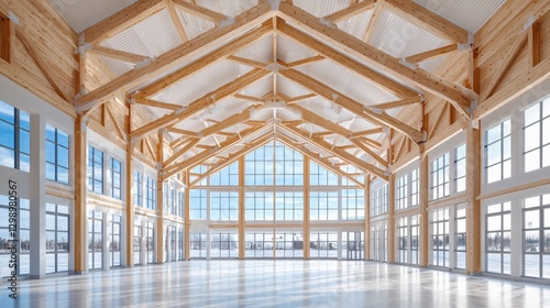 Spacious Modern Interior with Exposed Wooden Beams and Large Windows in a Bright and Airy Environment Ideal for Events and Gatherings