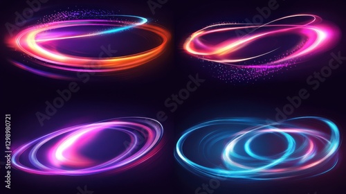 Waved neon lights with swoosh effects. Realistic modern illustration set of glowing swirl lines. Flare circular and vortex spins. Abstract 3D glow twirling trail. photo