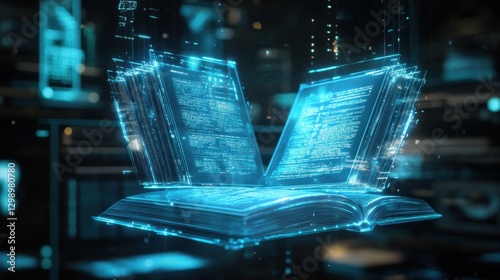 A high-tech futuristic holographic publication, where digital books and research papers float in mid-air