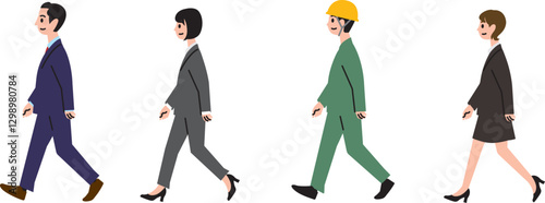 歩くスーツの男性と女性、ヘルメットに作業着の男性