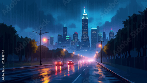 A mesmerizing vector illustration of a rainy urban night with streetlights reflecting on the wet roads and a luminous city skyline.