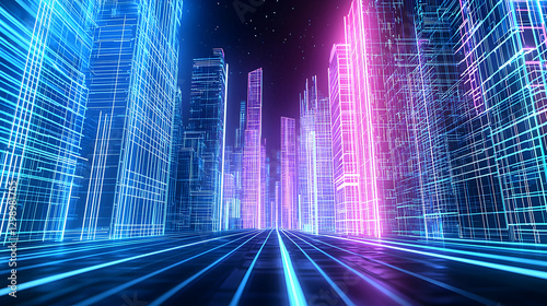 Futuristic Neon Cityscape Illuminated With Blue And Purple Lights In Digital Render