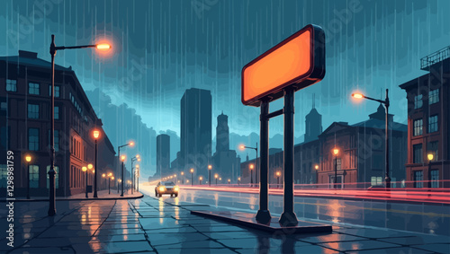 A striking vector illustration of a glowing empty billboard on a rain-soaked city street at night, ideal for branding and advertisements.