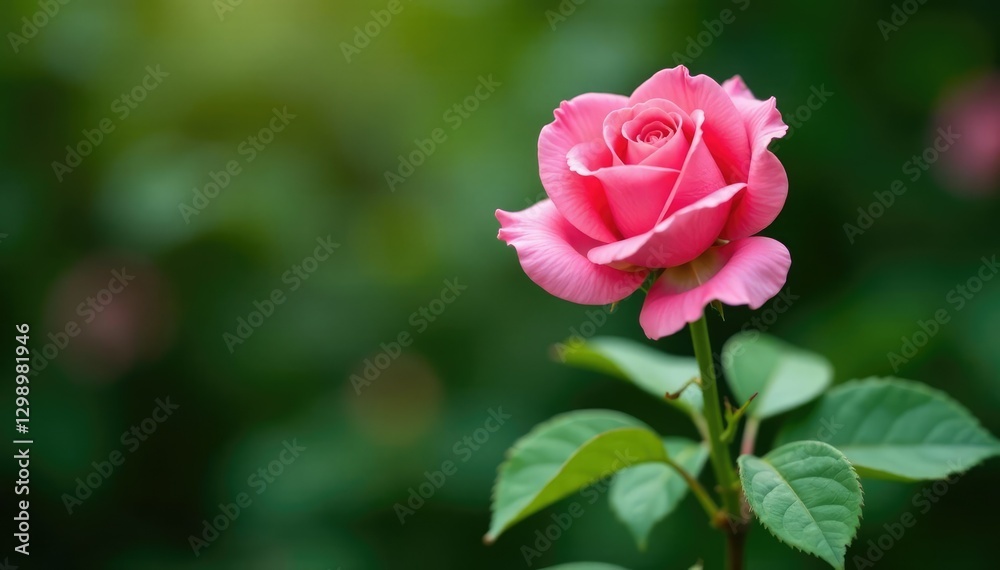 Single pink rose of sharon flower on a green stem, branch, garden Single pink rose of sharon flower on a green stem, branch, garden