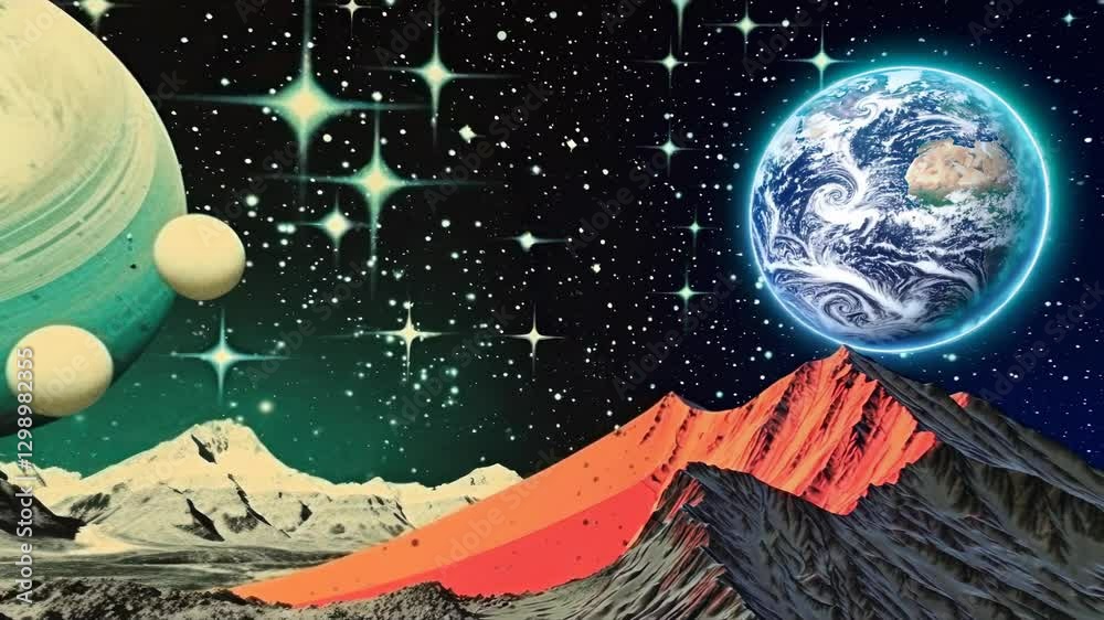 Surreal video concept with a low-angle view of a cosmic landscape, featuring a large planet, stars, and abstract mountains in a retro style.