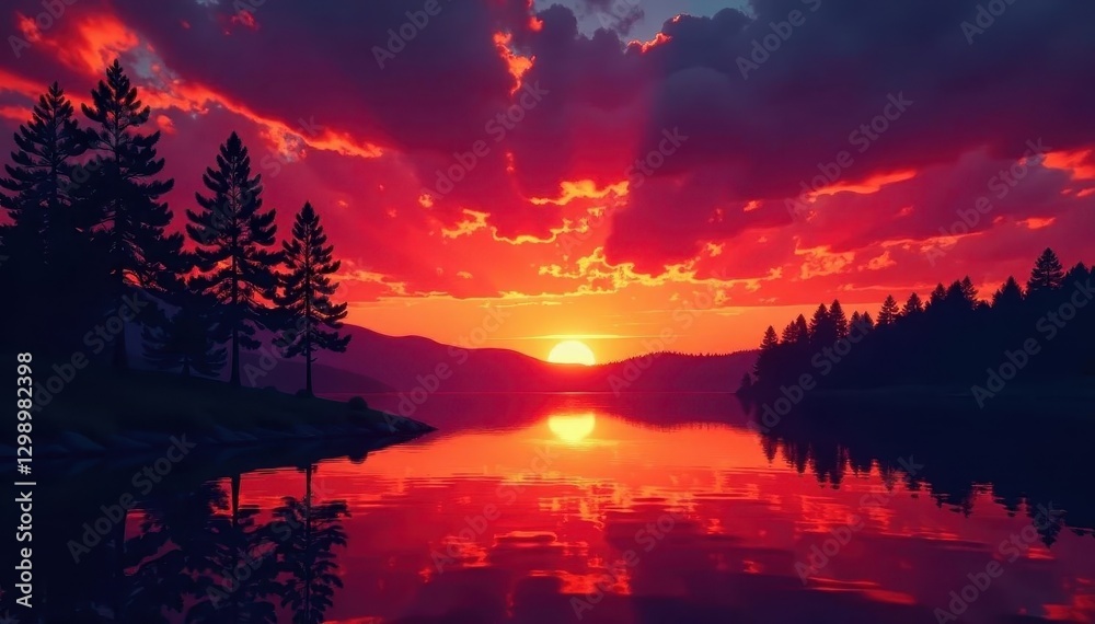 Obraz premium Silhouetted trees frame a vivid Torch Lake sunset, fiery hues dominate the scene , tranquil, Michigan