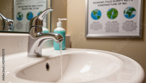 Water trickling from a bathroom faucet with conservation message