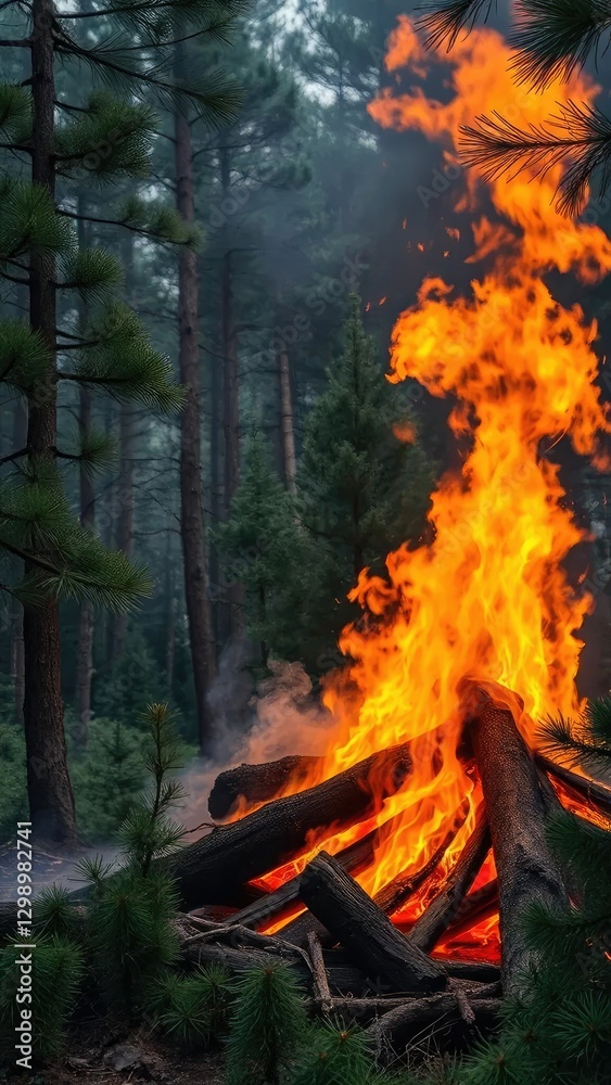 Obraz premium Blazing pine wood fires amidst dense forest foliage, smoke, wild, trees