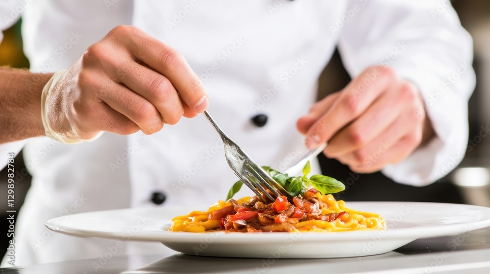 Chef meticulously prepares pasta dish, focusing on presentation and flavor Chef meticulously prepares pasta dish, focusing on presentation and flavor