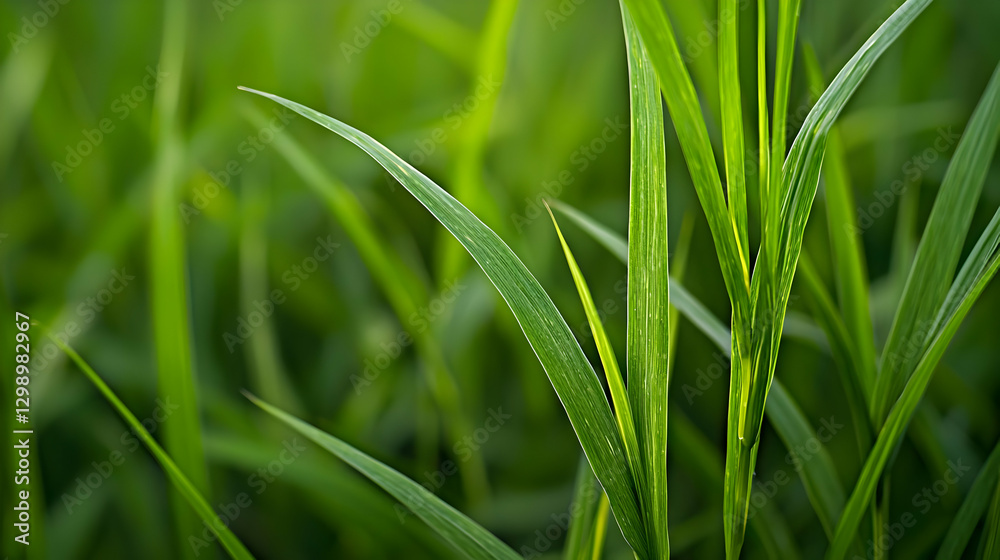Obraz premium Lush Green Grass Blades With Dew Drops Displaying Nature's Freshness and Fine Detail