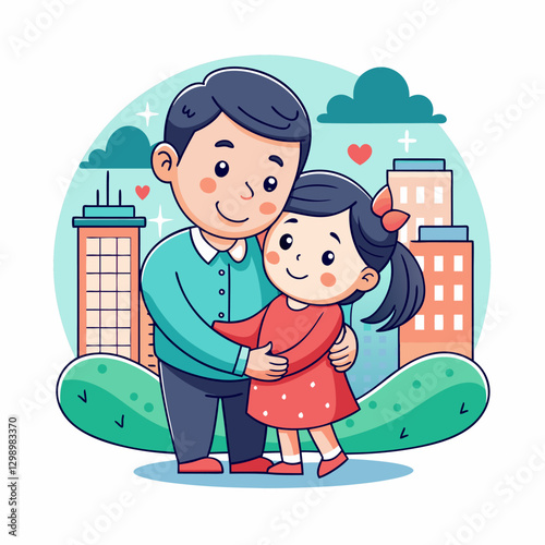 Cute Asian brother hugs sister character