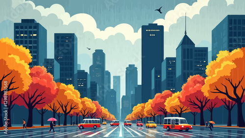 A beautifully illustrated rainy autumn cityscape with yellow and orange trees, urban architecture, and cars on a wet street.