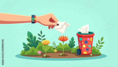 A minimalistic and colorful illustration of a hand disposing of a tissue into a decorative trash bin, symbolizing responsible waste management.