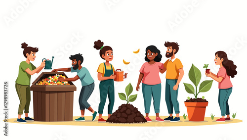 An engaging illustration of people actively composting organic waste, supporting sustainability, zero-waste practices, and environmental conservation.