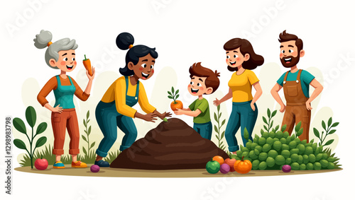 A vibrant illustration of a diverse group of people engaging in sustainable gardening and organic farming, emphasizing community and environmental care.