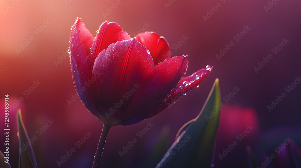 Obraz premium A detailed shot of a single tulip, its red petals with a delicate dew drop on the tip, with soft light illuminating the flower.