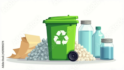 Green recycling bin surrounded by plastic bottles, aluminum cans, and biodegradable materials, representing waste management and environmental sustainability.
