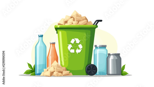 Green recycling bin surrounded by plastic bottles, aluminum cans, and biodegradable materials, representing waste management and environmental sustainability.