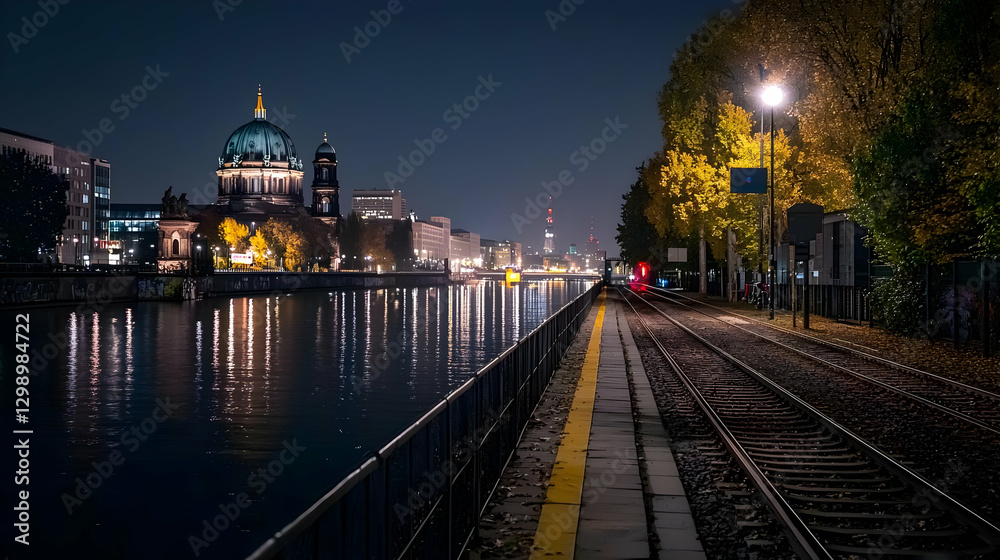 Fototapeta premium Berlin Cityscape at Night Showing Water Reflection and Illuminated Architecture