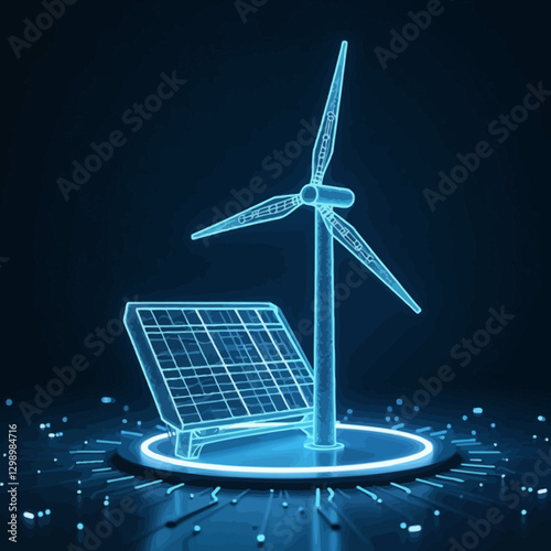 Neon-style vector illustration of a wind turbine and solar panel on a futuristic smart energy grid, symbolizing sustainability and clean power.