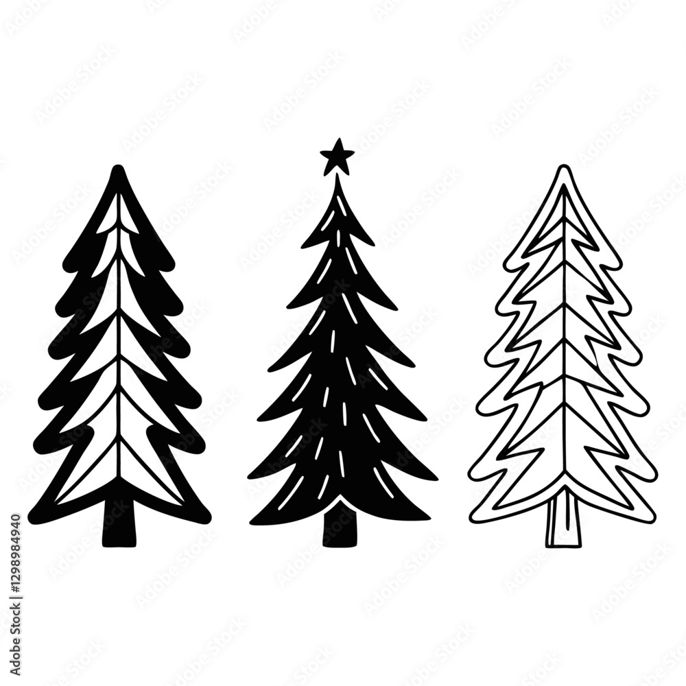 Obraz premium Three Styles black and white of Christmas Trees.