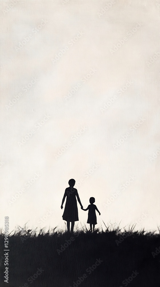 Mother child silhouette holding hands sunset glow Mother child silhouette holding hands sunset glow