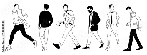 Set of different people walking line art drawing. Group of business men in formal and smart casual outfit hand drawn vector illustration isolated