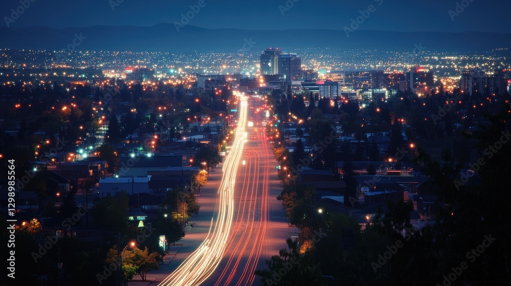 Fototapeta premium Night city lights highway aerial view