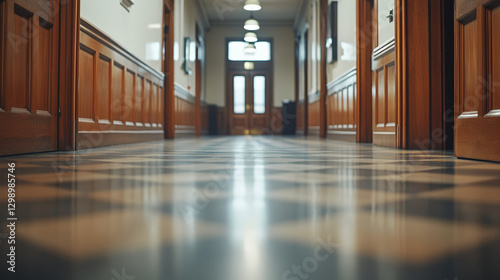 A long hallway with wooden paneling and checkered flooring  illuminated by overhead lights  creating a warm  inviting atmosphere.