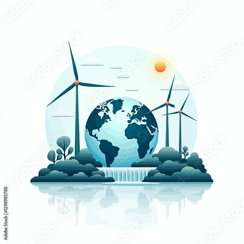Vector illustration of Earth with wind turbines, a hydroelectric dam, and solar panels, promoting sustainability and renewable energy sources.