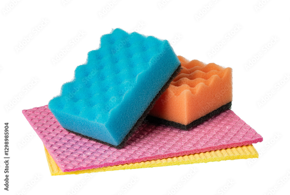 Φωτογραφία Colorful cleaning sponges resting on scrubbing pads with transparent background