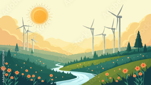 Vector illustration of wind turbines in a green valley with a flowing river, symbolizing clean energy, sustainability, and eco-friendly power solutions.