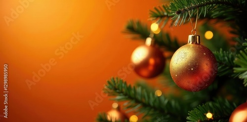 Golden ornaments on a bright orange Christmas tree, Winter Wonderland, Decorations, Shimmering
